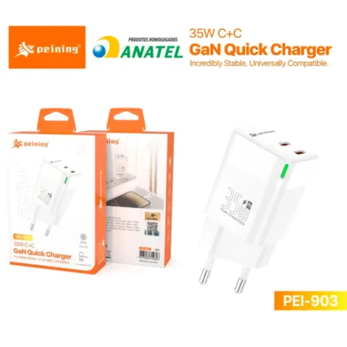 Carregador Fonte 2 Saídas USB-C Com Tecnologia GaN 35W Alta Qualidade e Eficiência Peining