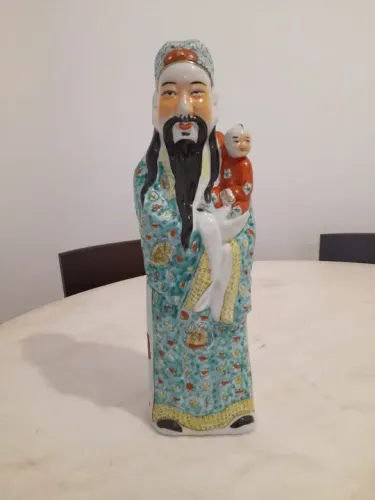 Linda Estatueta Antiga Família Rosa em Porcelana Chinesa Sábio Deus da Sorte Assinada