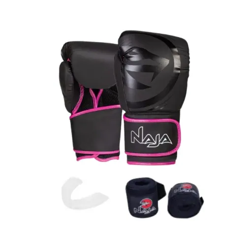 Kit Luvas de Boxe/Muay Thai Naja Rosa 10.Oz Adulto Black Line