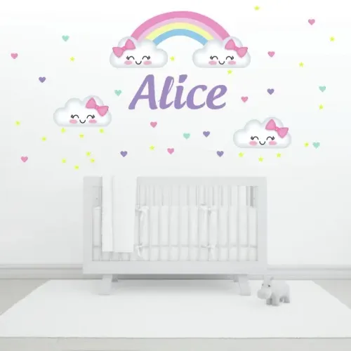 Adesivo de Parede infantil Arco Iris com nome e nuvem Decorativo Baby quarto bebê