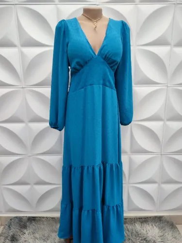 Vestido Midi Azul Petróleo Manga Longa Bufante Decote V