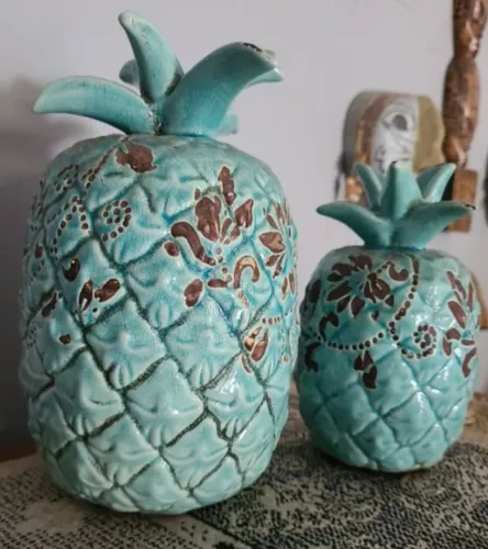 Par de esculturas abacaxis azul turquesa em porcelana estátuas decorativas