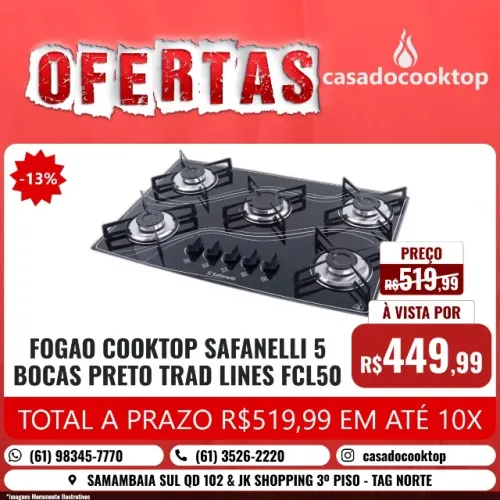 FOGAO COOKTOP SAFANELLI 5 BOCAS PRETO TRAD LINES FCL50