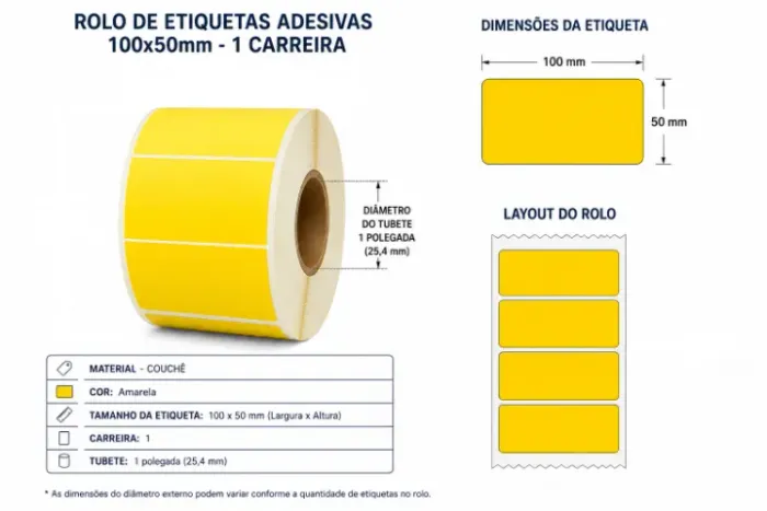 Etiqueta adesiva couchê amarela100x50mm - caixa com 24 rolos