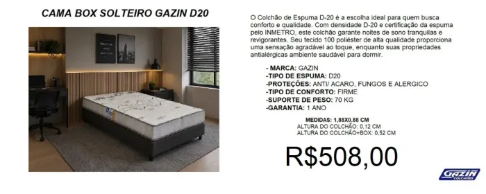 Cama box solteiro com colchão espuma d20 gazin - entrega gratuita