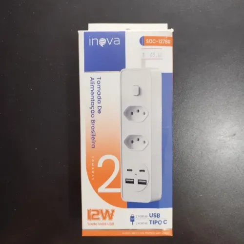 Régua com filtro de linha 2 tomadas e carregador inova 2m