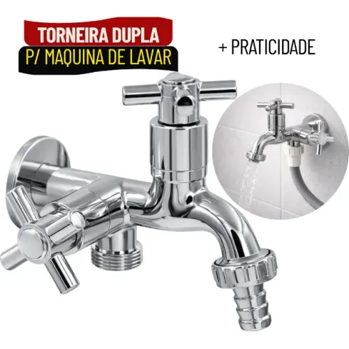 Torneira Dupla para Tanque com 2 Saídas para Máquina de Lavar em Metal - SCS21