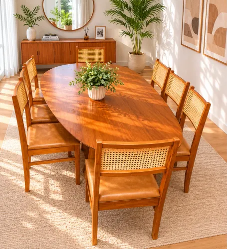 CONJUNTO MESA DE JANTAR TAMPO ORGÂNICO - COM 8 CADEIRAS - MEDIDAS 2.40x1.30