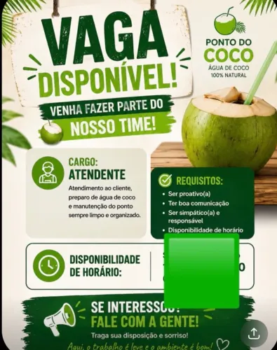 Vaga de emprego para ponto de coco