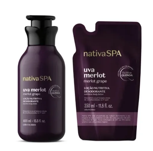 Combo Nativa Spa Uva Merlot: Loção Corporal 400ml + Refil 350ml.