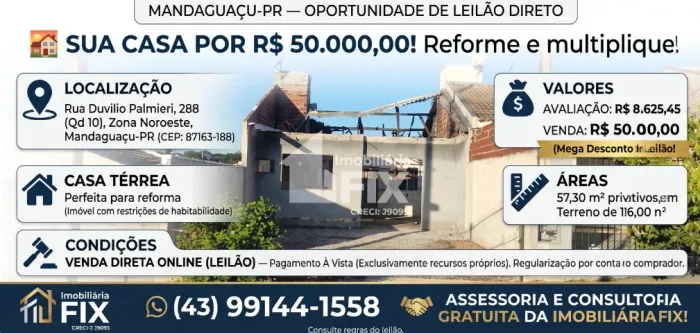 ? Leilão Imperdível: Casa para Reforma em Mandaguaçu. Terreno 126m² por