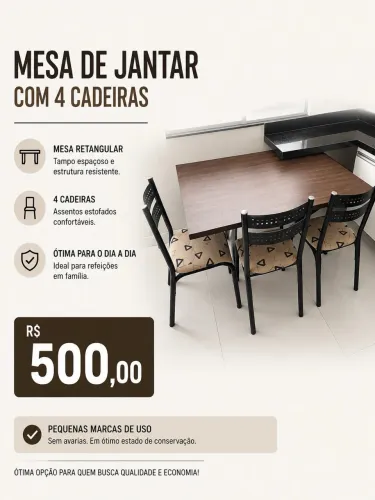 Mesa Retangular de madeira com 4 cadeiras de metal