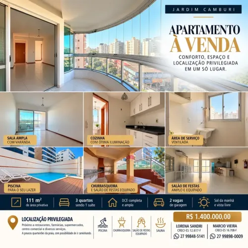 Apartamento 3 quartos, suite, DCE, frente, sol da manha em Jardim Camburi, Vitoria ES