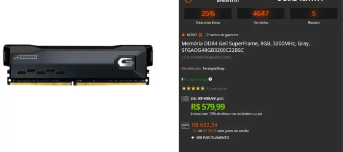 Memória DDR4 Geil SuperFrame, 8GB, 3200MHz