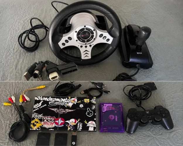 Console PS2 com volante com tudo que tá na imagem