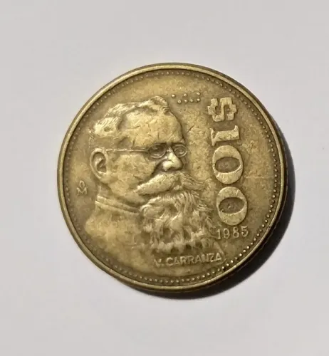 MOEDA ANTIGA DO MÉXICO- 100 PESOS (1985) - VENUSTIANO CARRANZA. SOBERBA.