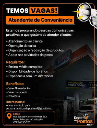Vaga de emprego para Caixa e atendente