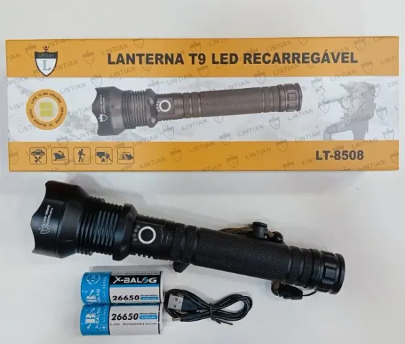 Lanterna Tática LED Recarregável Lintian LT-8508 (T9 / P90) - Zoom - + 2 Baterias 26650