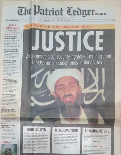 Jornal americano DO DIA DA MOR**TE DE OSAMA BIN LADEN - ÚNICO E RARO, The Patriot Ledger