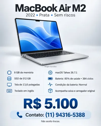 Macbook Air M2 2022 - 8Gb RAM - SSD 512 Gb - R$ 5.100,00