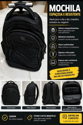 Mochila Preta com Rodinhas - Ótimo Estado!