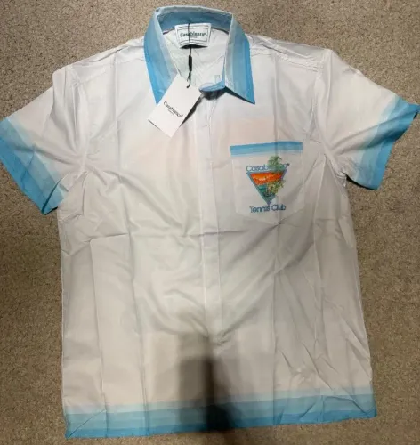 Camisa masculina Casablanca Men's Palm Springs Icon Blue Cuban Collar Silk Shirt