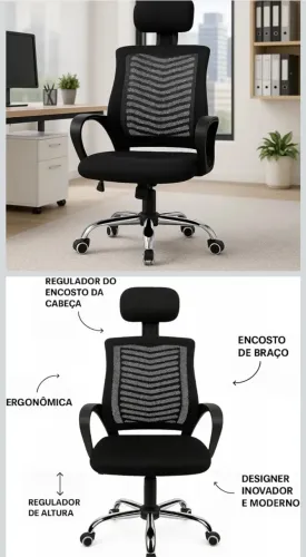Cadeira de Escritório Ergonômica Ajustável com Apoio de Cabeça (Preto)