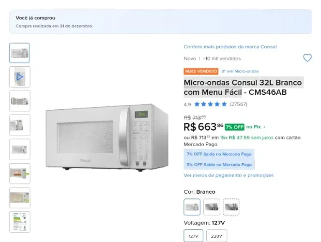 Micro-ondas Consul 32L Branco com Menu Fácil