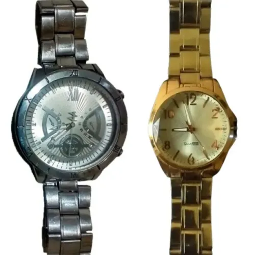 Kit 2 Relógios de Pulso 1 Unissex Prateado HP e 1 Feminino Dourado Quartz