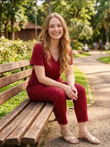 Conjunto vermelho estampado cortelle de blusa e calça