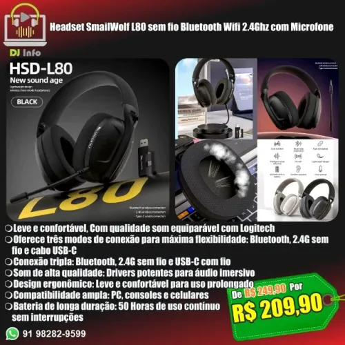 Headset SmaILWOLF L80 sem fio Bluetooth Wifi 2.4Ghz com Microfone