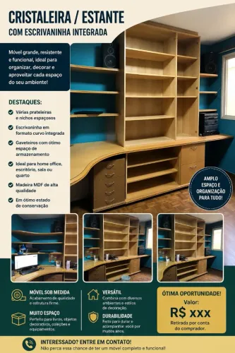 Cristaleira/Estante Grande com Mesa de Escritório Integrada