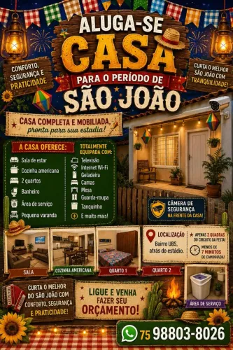 Aluguel de temporada/ arraiá de BERIMBAU 20 à 24 de junho