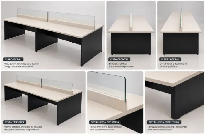 Mesa de Escritório com 4 Estações de Trabalho - Divisória de Vidro
