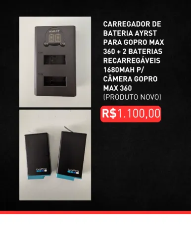 CARREGADOR DE BATERIA AYRST PARA 360 + 3 BATERIAS RECARREGÁVEL 1680MAH P/CAMÊRA GOPRO MAX 