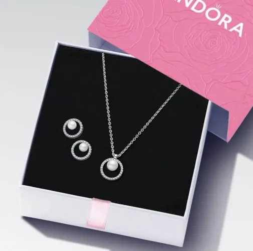 ? Pandora Original Prata 925 com Pérola | Conjunto Colar + Brincos Novo na Caixa