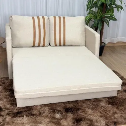 Sofa Cama Dominic 1.40m - Bege Linho/Marrom Courino Entrega Rápida