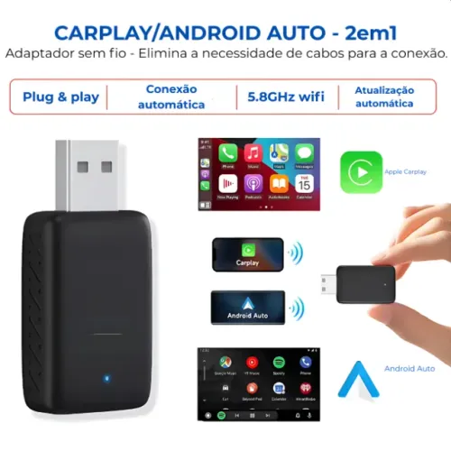 Adaptador USB CarPlay Android Auto Conectar Central Multimidia Sem Fio Atualização Aut.