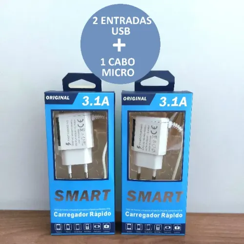 Kit 2 Carregador de Celular 2 USB Cabo V8 3.1 Branco | PRONTA ENTREGA