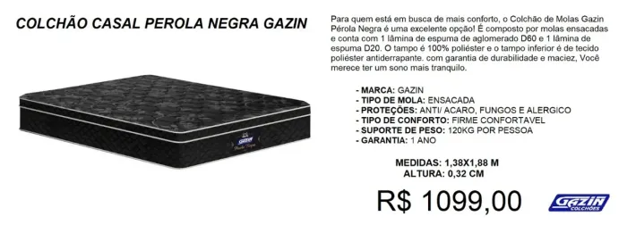 COLCHÃO CASAL GAZIN 32CM MOLAS ENSACADAS 