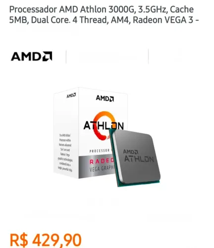 Processador AMD Athlon 3000G, 3.5GHz, Cache<br>5MB, Dual Core. .4 Thread, AM4, Radeon VEGA 3-