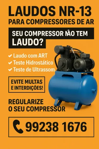 Laudos NR-13 para Compressores de Ar - com ART, Teste Hidrostático e Ultrassom