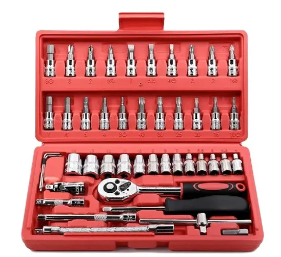 KIT JOGO SOQUETE REZZET 46 PCS ACO CRV 1/4 CATRACA CHAVE COM MALETA COR VERMELHO