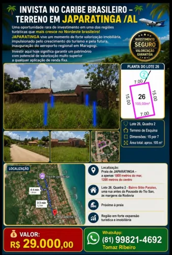TERRENOS Praias de MARAGOGI e JAPARATINGA , 6 LOTES , Invista no Caribe Brasileiro