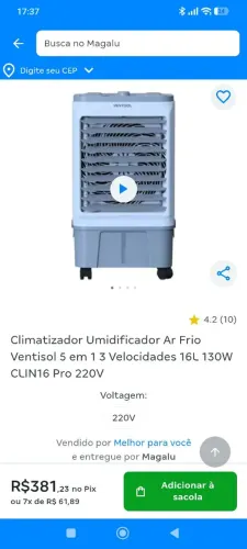 Climatizador ventisol 16 litros usado em ótimo estado 110 vatts