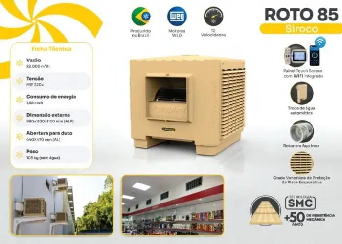 Climatizador industrial Rotoplast. Acompanha dez metros de duto com duas saídas.