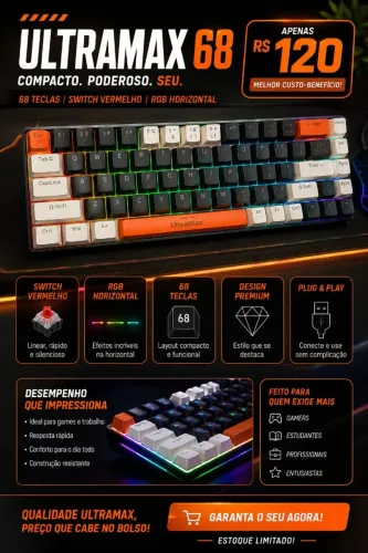 Teclado Gamer Ultramax Com Fio RGB LED Iluminado Com 68 Teclados Mecânicos