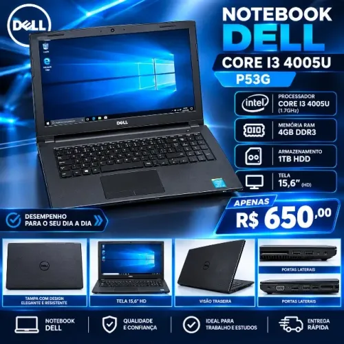 NOTEBOOK DELL P53G CORE I3 4005U 4GB DDR3 HDD 500GB - COM FONTE - BATERIA RUIM