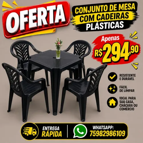 Conjunto de mesa com cadeiras plásticas preto