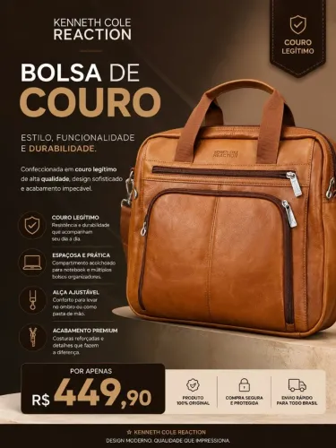 BOLSA DE COURO MASCULINA EM COURO LEGÍTIMO